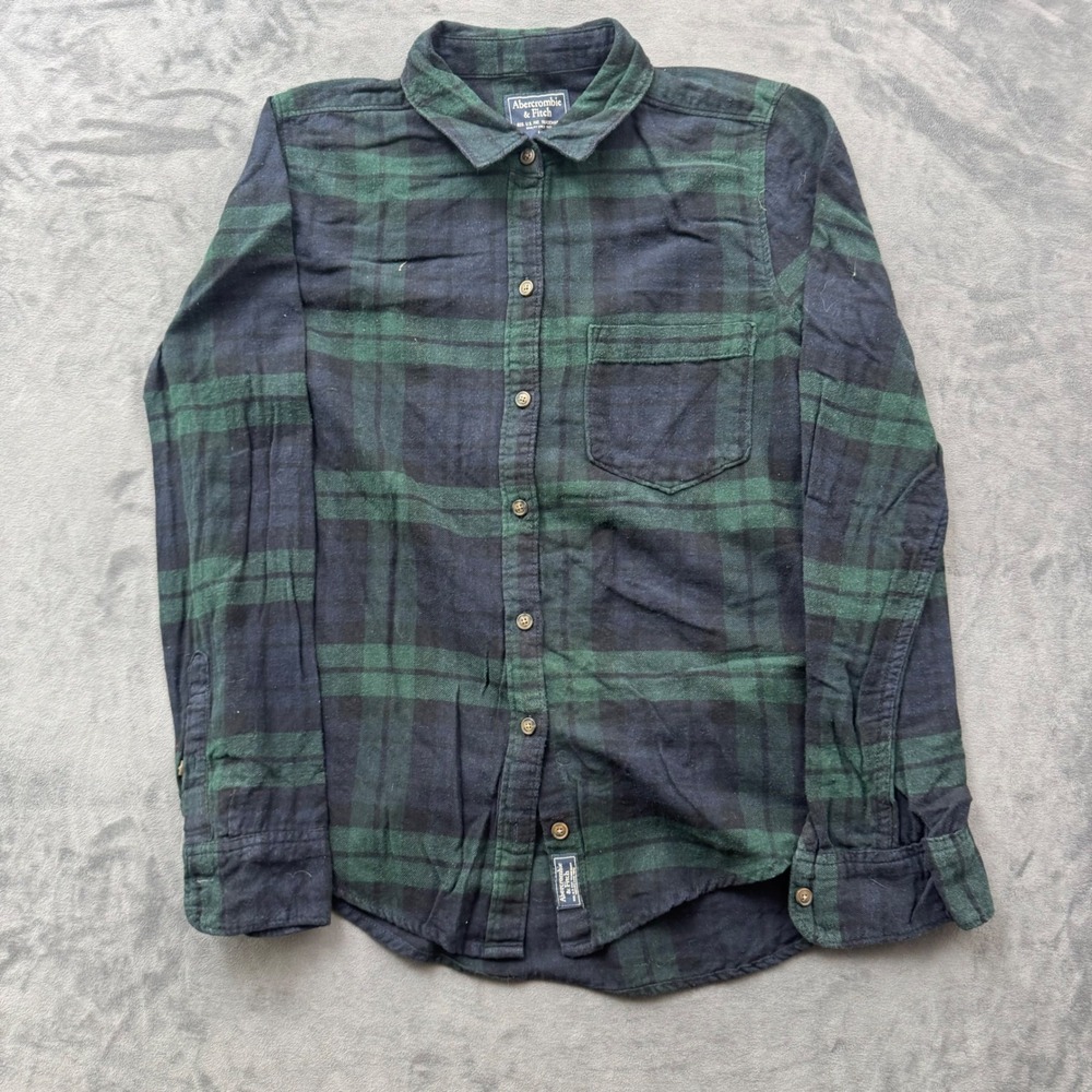 Abercrombie & Fitch Mens Medium Green Navy Blue Plaid Flannel Button Down Shirt